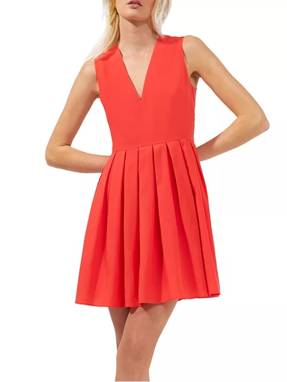 NWT French Connection Courtney Pleated V Neck Mini Dress, Hibiscus Pink – Size 6